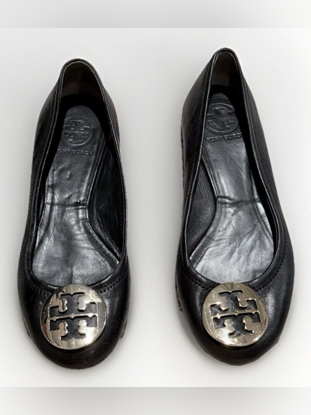 Tory Burch Reva Ballet Flats Black Leather Gold Logo Size 7